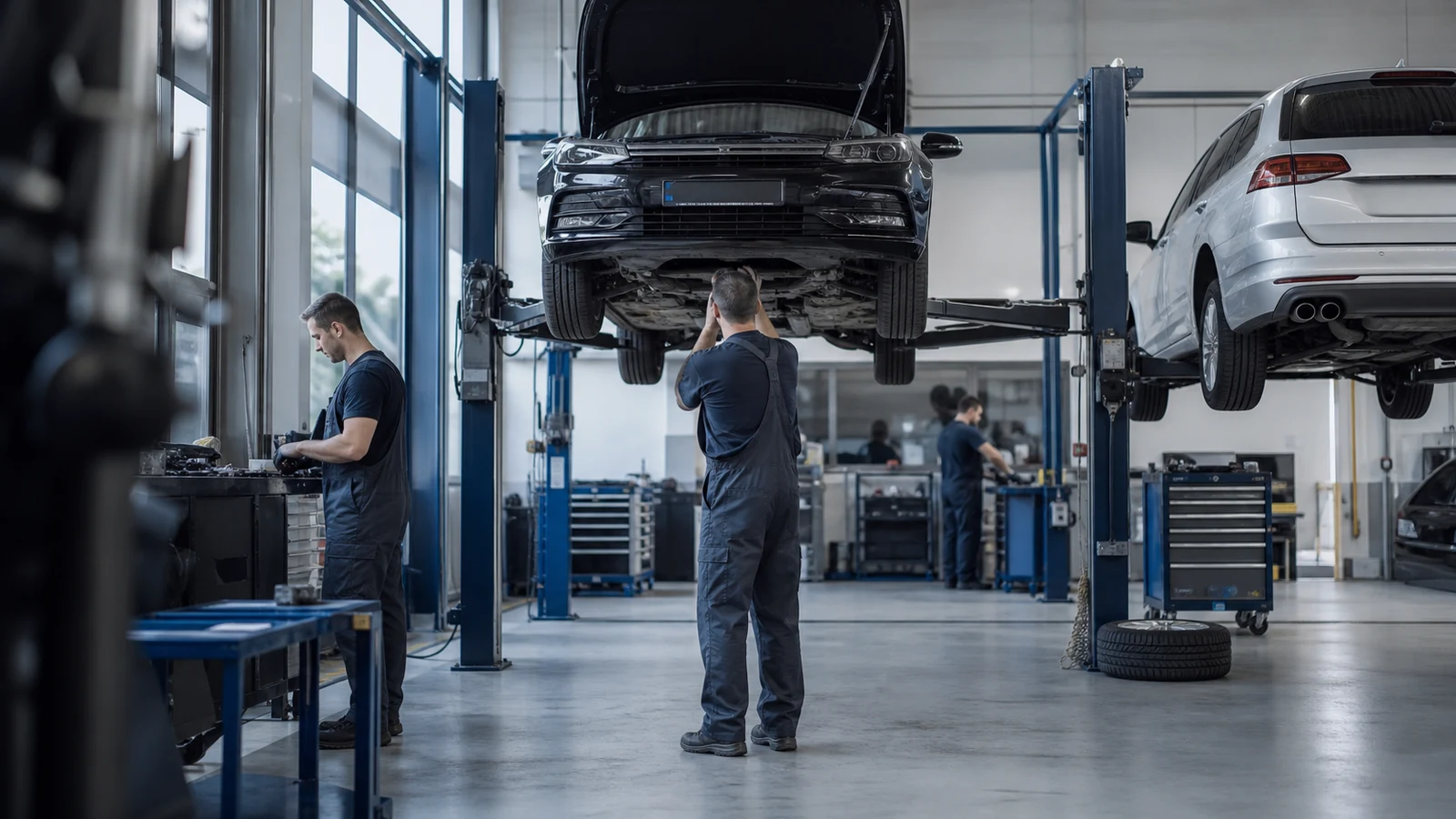 Moderan auto servis sa mehaničarima na dizalicama