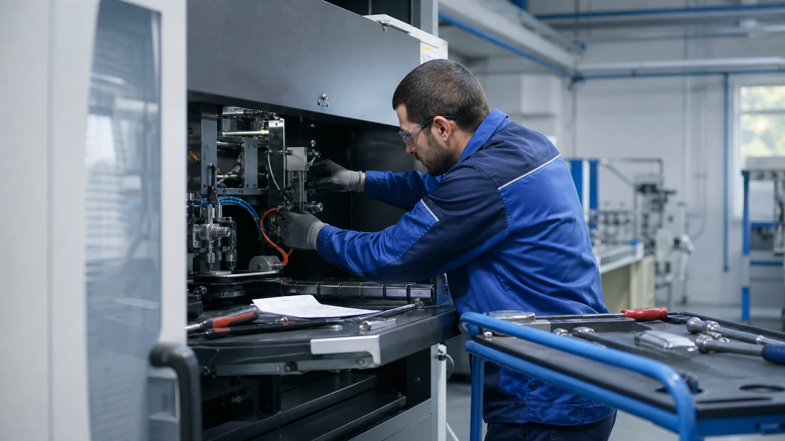 Industrijski mehaničar radi na održavanju proizvodne mašine
